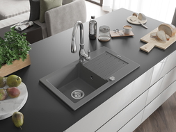 Mexen Pablo chiuvetă din granit cu 1 compartiment, cu scurgător și baterie de bucătărie Savita, gri - 6510-71-672601-00