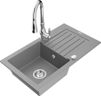 Mexen Pablo chiuvetă din granit cu 1 compartiment, cu scurgător și baterie de bucătărie Savita, gri - 6510-71-672601-00