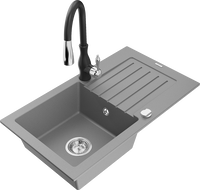 Mexen Pablo chiuvetă de granit cu 1 compartiment, cu scurgător și baterie de bucătărie Savita, gri - 6510-71-672601-70