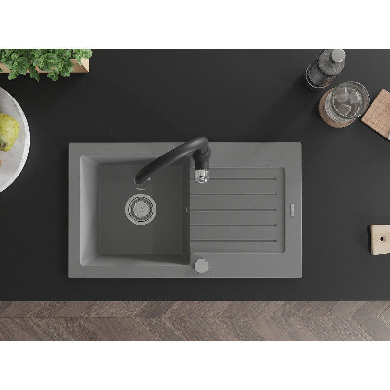 Mexen Pablo chiuvetă de granit cu 1 compartiment, cu scurgător și baterie de bucătărie Savita, gri - 6510-71-672601-70