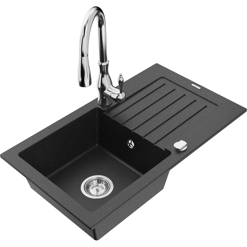 Mexen Pablo chiuvetă din granit cu 1 compartiment cu scurgător și baterie de bucătărie Savita, negru/metalic argintiu