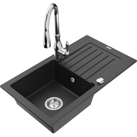 Mexen Pablo chiuvetă din granit cu 1 compartiment cu scurgător și baterie de bucătărie Savita, negru/metalic argintiu