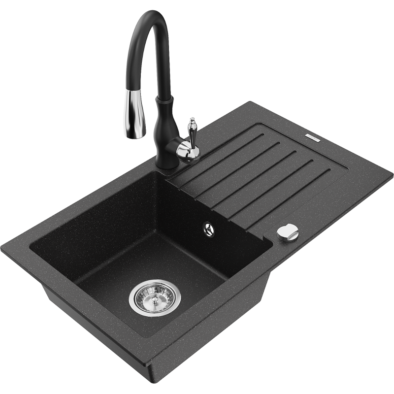 Mexen Pablo chiuvetă de granit cu 1 compartiment cu picurător și baterie de bucătărie Savita, negru/argintiu metalic