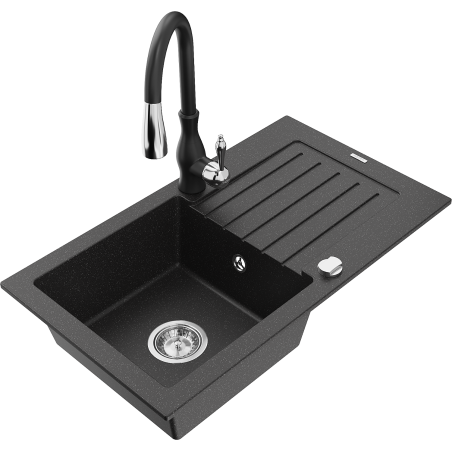Mexen Pablo chiuvetă de granit cu 1 compartiment cu picurător și baterie de bucătărie Savita, negru/argintiu metalic