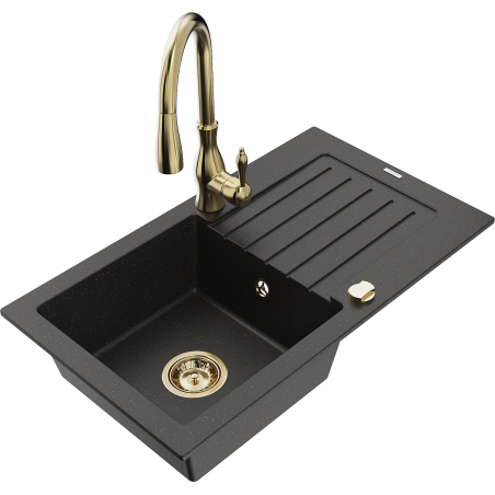 Mexen Pablo chiuvetă de granit cu 1 compartiment cu scurgător și baterie de bucătărie Savita, negru/auriu metalic