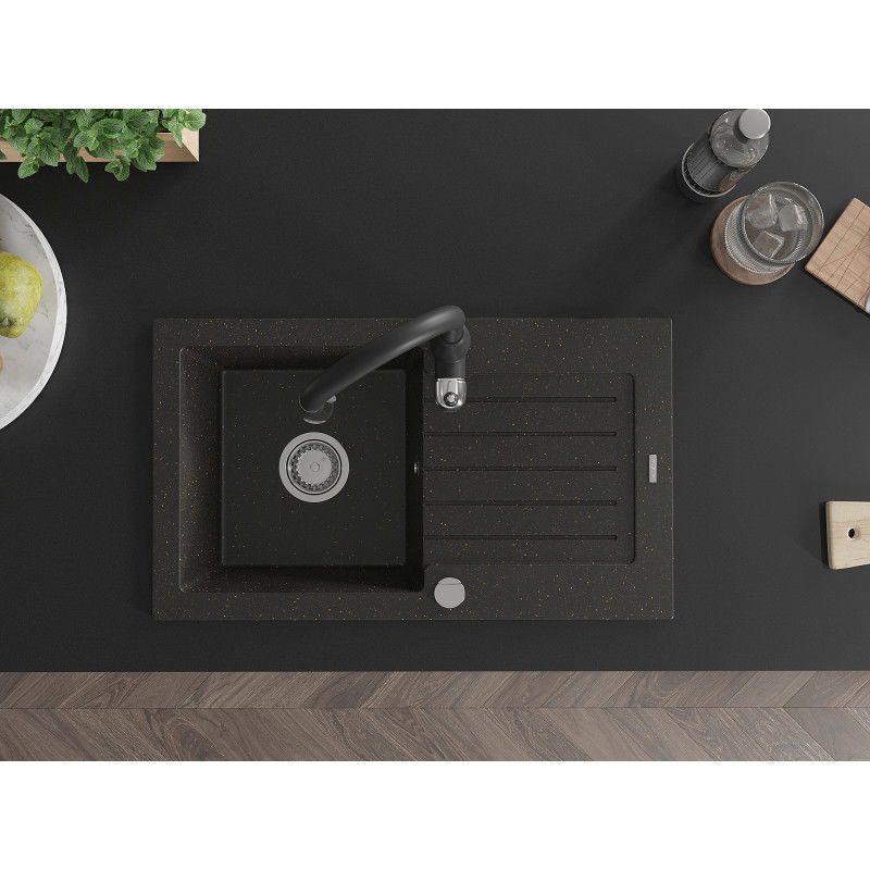 Mexen Pablo chiuvetă din granit cu o cuvă și scurgător și baterie de bucătărie Savita, negru/auriu metalic - 6510-75-672601-70