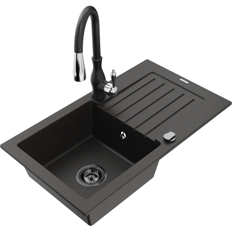 Mexen Pablo chiuvetă din granit cu 1 compartiment, cu scurgător și baterie de bucătărie Savita, negru/auriu metalic