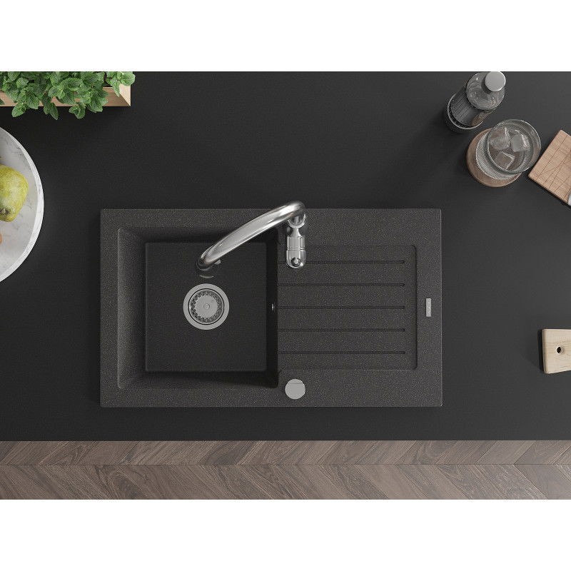Mexen Pablo chiuvetă de granit cu o cuvă și cu scurgător și baterie de bucătărie Savita, negru patat - 6510-76-672601-00