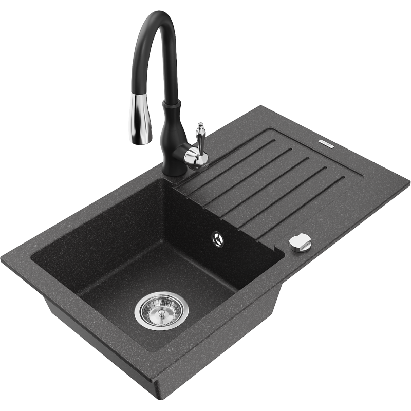 Mexen Pablo chiuvetă de granit cu 1 compartiment cu scurgător și baterie de bucătărie Savita, negru pătat
