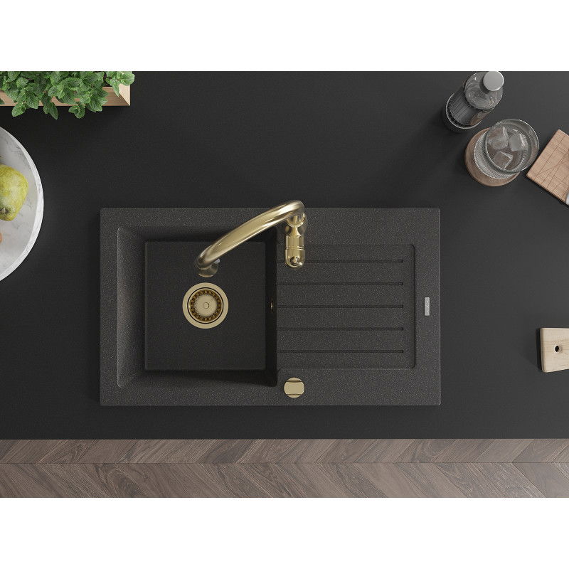 Mexen Pablo 1-kamrás gránit mosogató csepptálcával és Savita konyhai csapteleppel, fekete pöttyös - 6510-76-672601-50