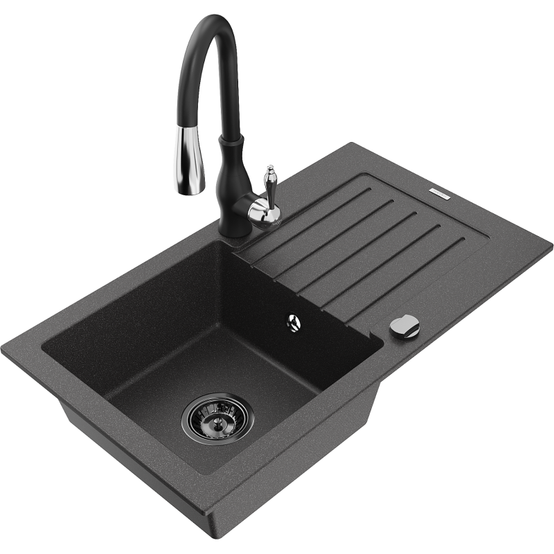 Mexen Pablo chiuvetă de granit cu o singură cuvă cu picurător și baterie de bucătărie Savita, negru cu pete