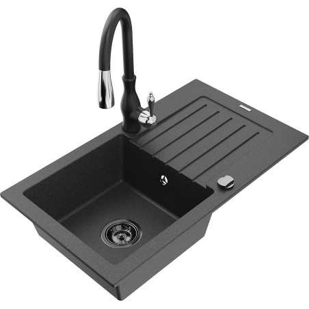Mexen Pablo chiuvetă de granit cu o singură cuvă cu picurător și baterie de bucătărie Savita, negru cu pete