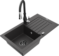 Mexen Pablo 1 rekeszes gránit mosogató csepegtetővel és Savita konyhai csapteleppel, fekete pettyes - 6510-76-672601-70-B