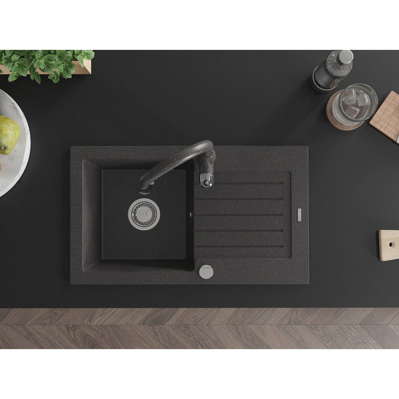 Mexen Pablo chiuvetă din granit cu 1 cuvă cu picurător și baterie de bucătărie Savita, negru cu picățele - 6510-76-672601-76