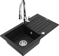 Mexen Pablo chiuvetă din granit cu 1 compartiment cu scurgere și baterie de bucătărie Savita, negru - 6510-77-672601-00