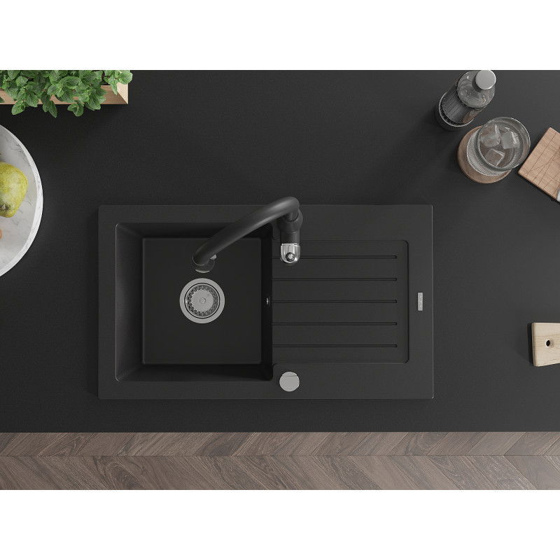 Mexen Pablo chiuvetă de bucătărie din granit cu 1 cuvă cu scurgător și baterie de bucătărie Savita, negru