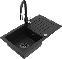 Mexen Pablo chiuvetă de granit cu o cuvă și scurgător și baterie de bucătărie Savita, negru - 6510-77-672601-70-B