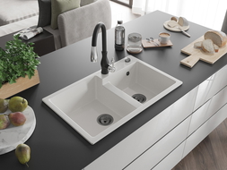 Mexen Tomas 2 rekeszes gránit mosogató és Savita konyhai csaptelep, fehér - 6516-20-672601-70