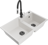 Mexen Tomas chiuvetă de bucătărie din granit cu 2 compartimente și baterie de bucătărie Savita, alb - 6516-20-672601-70