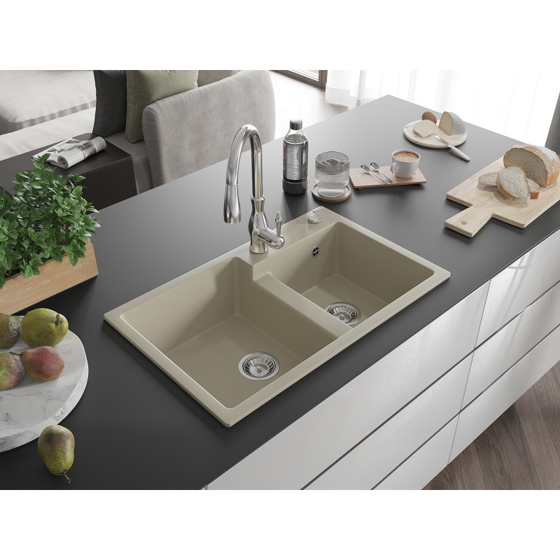 Mexen Tomas chiuvetă granit 2 camere cu baterie de bucătărie Savita, bej - 6516-69-672601-00