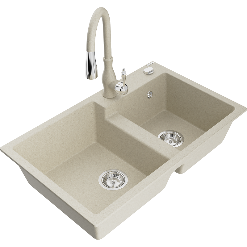 Mexen Tomas chiuvetă din granit cu 2 compartimente cu baterie de bucătărie Savita, bej - 6516-69-672601-69