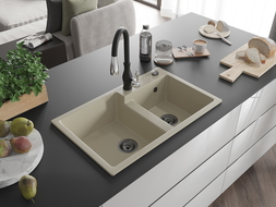 Mexen Tomas chiuvetă de bucătărie din granit cu 2 compartimente și baterie de bucătărie Savita, bej - 6516-69-672601-70