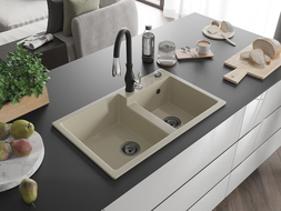 Mexen Tomas gránit kéttálcás mosogató Savita konyhai csapteleppel, bézs - 6516-69-672601-70
