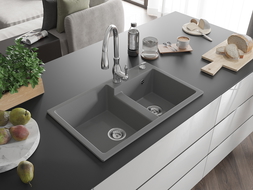 Mexen Tomas chiuvetă de bucătărie din granit cu 2 compartimente și baterie Savita, gri - 6516-71-672601-00