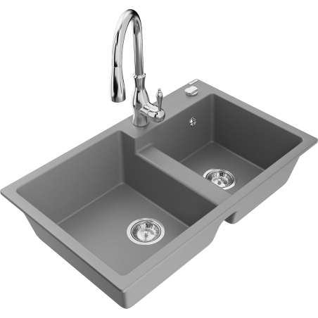 Mexen Tomas chiuvetă de bucătărie din granit cu 2 compartimente și baterie Savita, gri - 6516-71-672601-00
