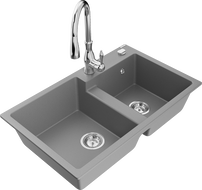 Mexen Tomas chiuvetă de bucătărie din granit cu 2 compartimente și baterie Savita, gri - 6516-71-672601-00