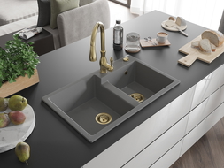 Mexen Tomas chiuvetă de bucătărie din granit cu 2 compartimente și baterie de bucătărie Savita, gri - 6516-71-672601-50