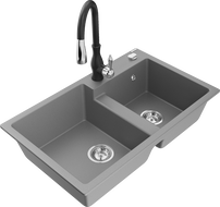 Mexen Tomas gránit mosogató 2 medencés konyhai csapteleppel Savita, szürke - 6516-71-672601-70
