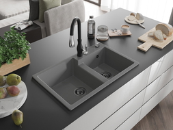 Mexen Tomas gránit 2 rekeszes mosogató Savita konyhai csappal, szürke - 6516-71-672601-70-B