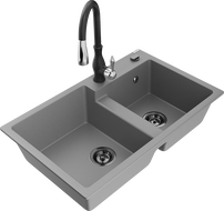 Mexen Tomas gránit 2 rekeszes mosogató Savita konyhai csappal, szürke - 6516-71-672601-70-B