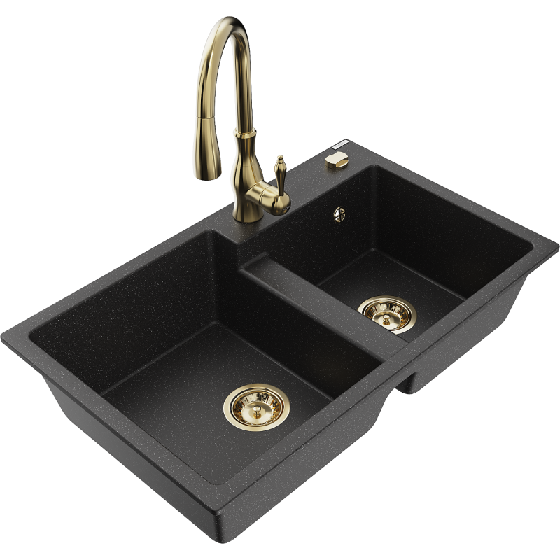 Mexen Tomas chiuvetă din granit cu 2 compartimente cu baterie de bucătărie Savita, negru/argintiu metalizat