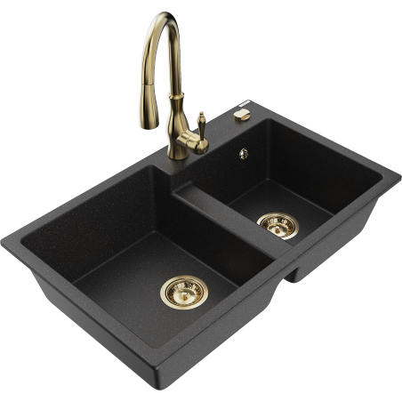 Mexen Tomas chiuvetă din granit cu 2 compartimente cu baterie de bucătărie Savita, negru/argintiu metalizat