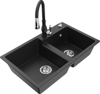 Mexen Tomas gránit mosogató 2 rekeszes konyhai csapteleppel Savita, fekete/ezüst metál - 6516-73-672601-70