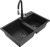 Mexen Tomas gránit mosogató 2-medencés konyhai csapteleppel Savita, fekete/ezüst metál - 6516-73-672601-70-B