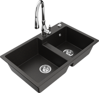 Mexen Tomas chiuvetă din granit cu 2 compartimente și baterie de bucătărie Savita, negru/auriu metalizat - 6516-75-672601-00