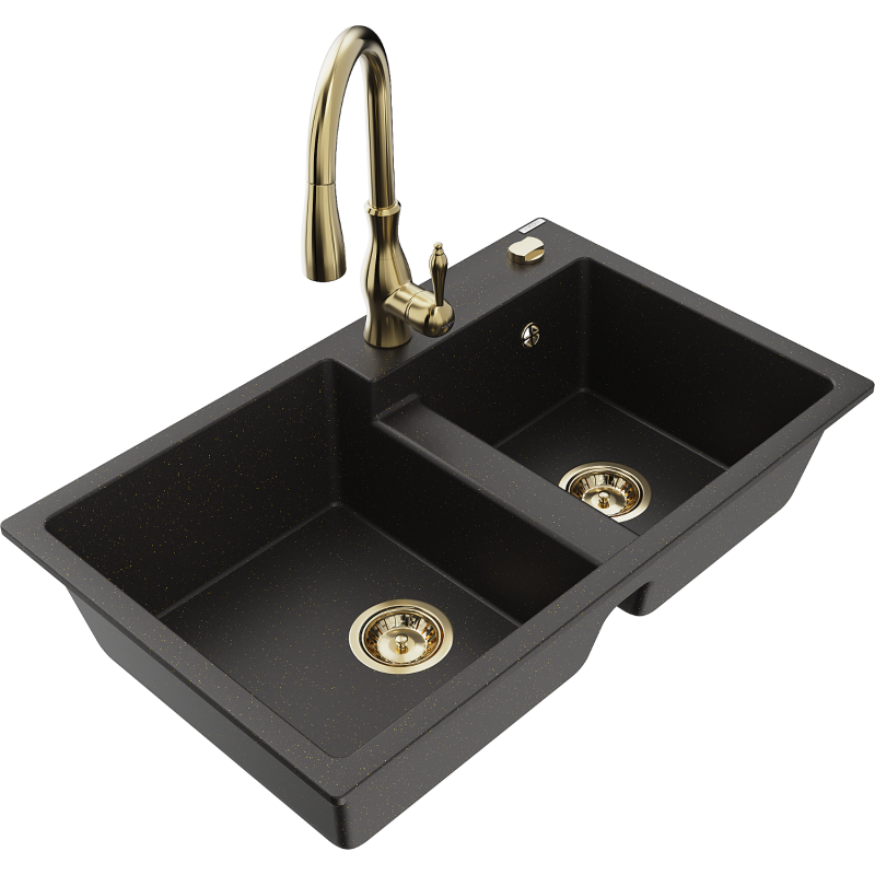 Mexen Tomas chiuvetă din granit cu 2 compartimente cu baterie de bucătărie Savita, negru/auriu metalic - 6516-75-672601-50