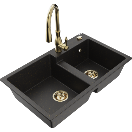 Mexen Tomas chiuvetă din granit cu 2 compartimente cu baterie de bucătărie Savita, negru/auriu metalic - 6516-75-672601-50