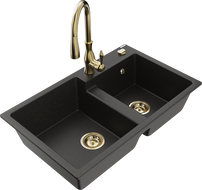 Mexen Tomas chiuvetă din granit cu 2 compartimente cu baterie de bucătărie Savita, negru/auriu metalic - 6516-75-672601-50