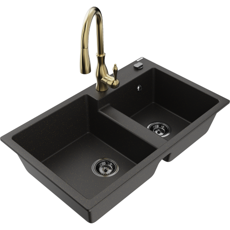 Mexen Tomas chiuvetă de granit cu 2 compartimente cu baterie de bucătărie Savita, negru/metalizat auriu - 6516-75-672601-50-B