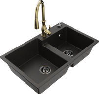 Mexen Tomas 2 rekeszes gránit mosogató Savita konyhai csapteleppel, fekete/arany metál - 6516-75-672601-50-B