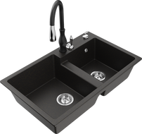 Mexen Tomas chiuvetă de granit cu 2 compartimente și baterie de bucătărie Savita, negru/auriu metalizat - 6516-75-672601-70