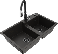 Mexen Tomas chiuvetă de granit cu 2 cuve și baterie de bucătărie Savita, negru/auriu metalic - 6516-75-672601-70-B