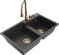 Mexen Tomas chiuvetă de bucătărie din granit cu 2 compartimente și baterie de bucătărie Savita, negru pătat - 6516-76-672601-50