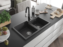 Mexen Tomas chiuvetă de granit cu 2 cuve și baterie de bucătărie Savita, negru cu pete - 6516-76-672601-70