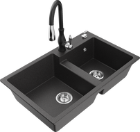Mexen Tomas gránit 2-medencés mosogató Savita konyhai csappal, fekete fröccsenős - 6516-76-672601-70