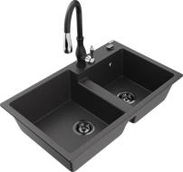 Mexen Tomas gránit mosogató 2-medencés Savita konyhai csappal, fekete pöttyös - 6516-76-672601-70-B